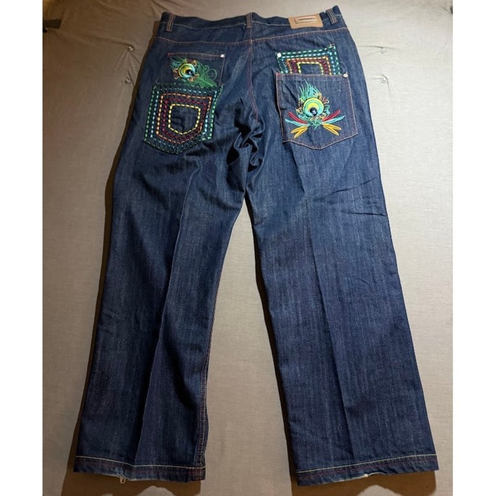 COOGI Embroidered Denim Jeans Mens 40x33 Peacock Pockets Dark Wash Double Pocket